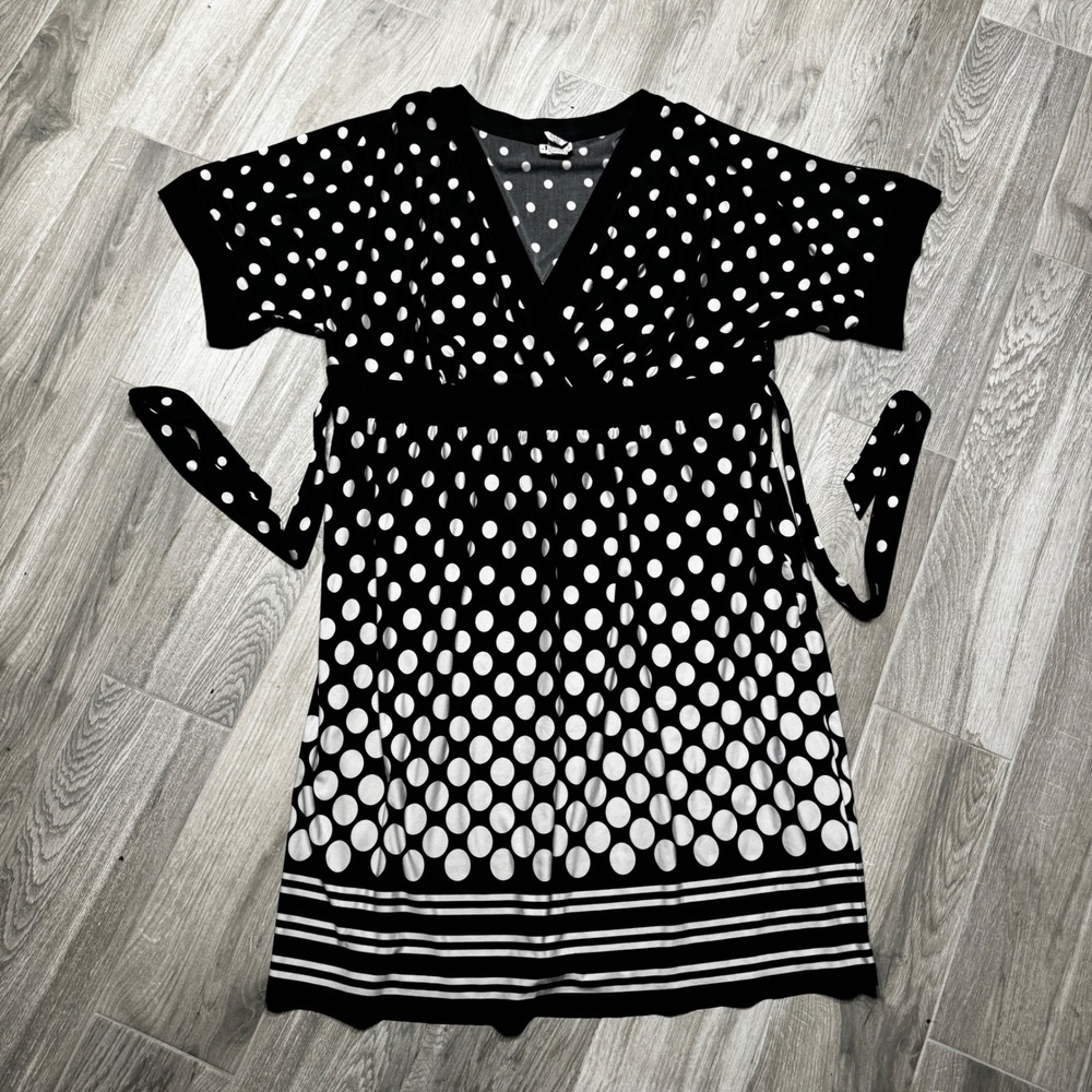 J.B.S. Ltd Women Black White Polka Dot Faux Wrap Empire Waist Dress 2X Plus Size